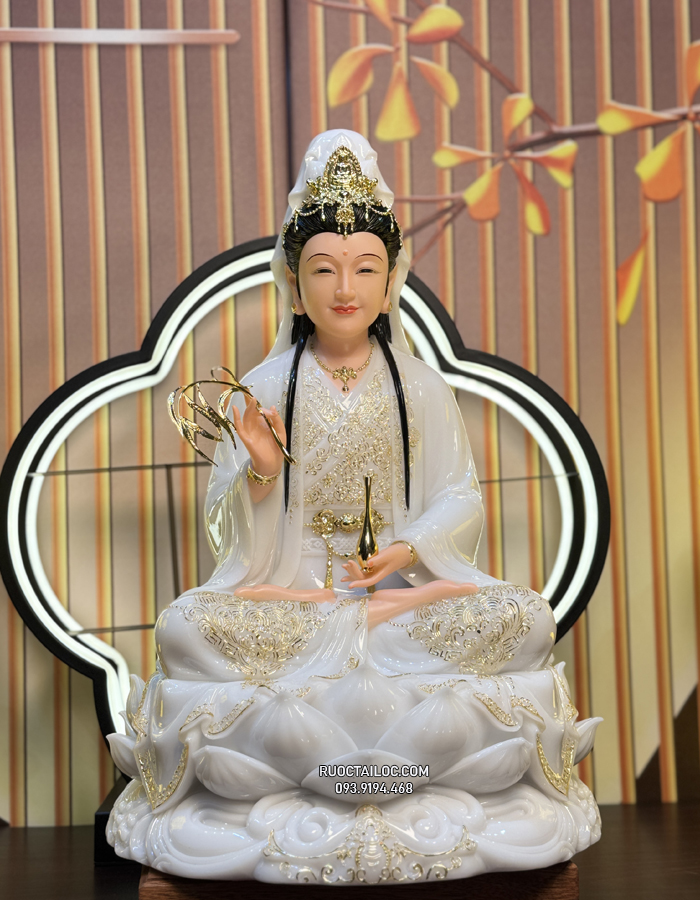 Tượng Quan Âm Bồ Tát Trắng Dát vàng đẹp