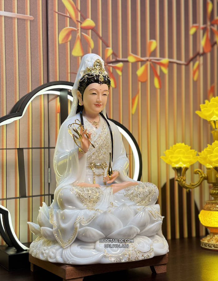 Tượng Quan Âm Bồ Tát Trắng Dát vàng đẹp