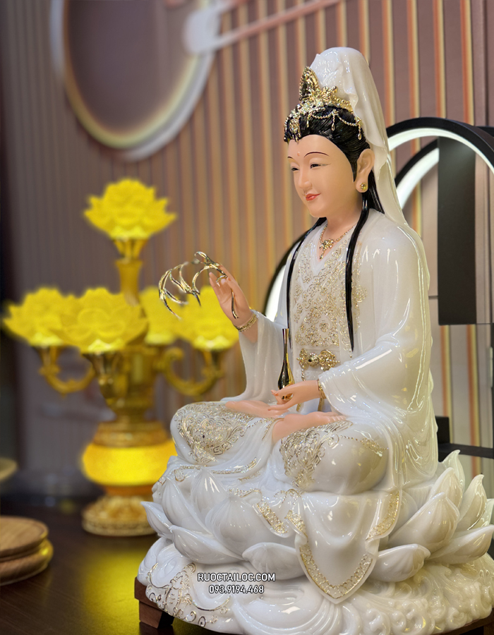 Tượng Quan Âm Bồ Tát Trắng Dát vàng đẹp
