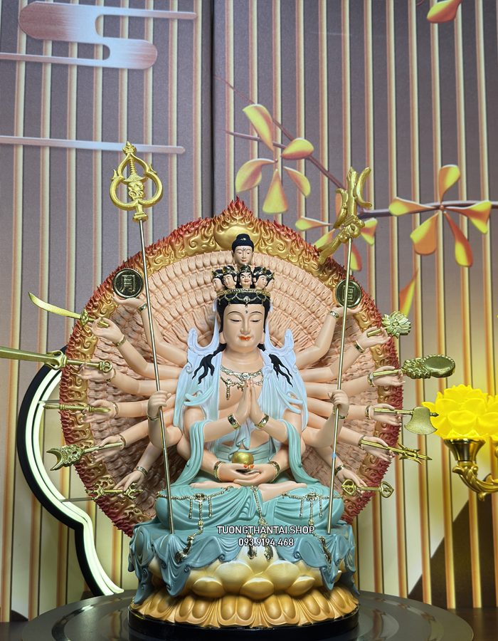 Tượng Thiên Thủ Thiên Nhãn Composite Gấm Xanh đẹp
