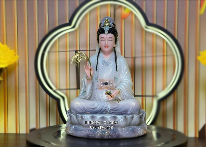 Tượng Quan Âm Bồ Tát Bằng bột đá vẽ gấm phủ mờ đẹp
