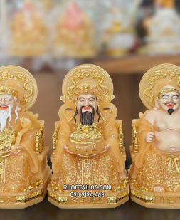 Bộ 3 Ông Địa Thần Tài Bằng Bột Đá Thạch Anh Có Hào Quang