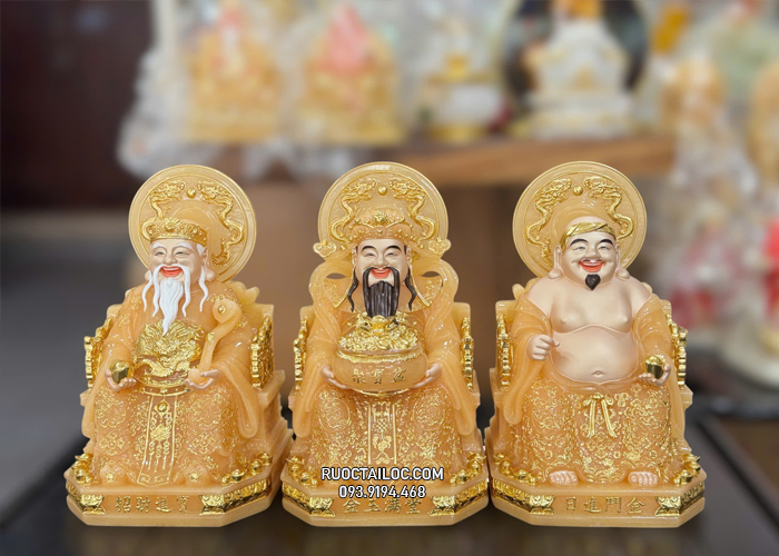Bộ 3 Ông Địa Thần Tài Bằng Bột Đá Thạch Anh Có Hào Quang