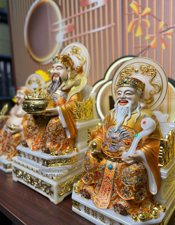 Bộ 3 ông địa thần tài thần tiền bằng bột đá áo gấm hào quang đẹp