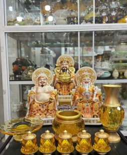 Bộ 3 ông địa thần tài thần tiền bằng bột đá áo gấm hào quang đẹp