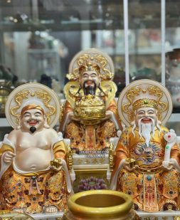 Bộ 3 ông địa thần tài thần tiền bằng bột đá áo gấm hào quang đẹp