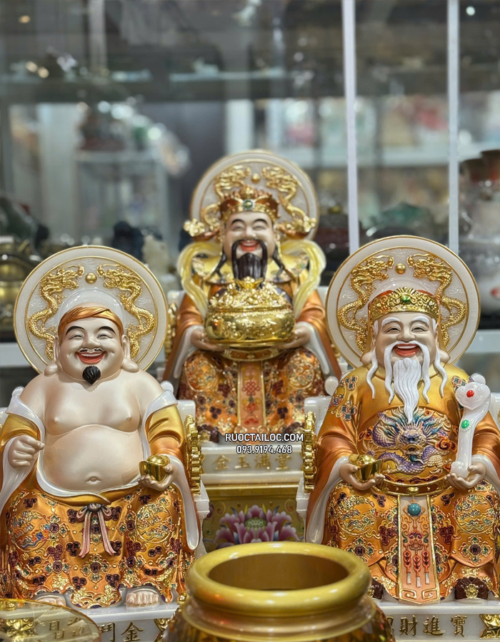 Bộ 3 ông địa thần tài thần tiền bằng bột đá áo gấm hào quang đẹp