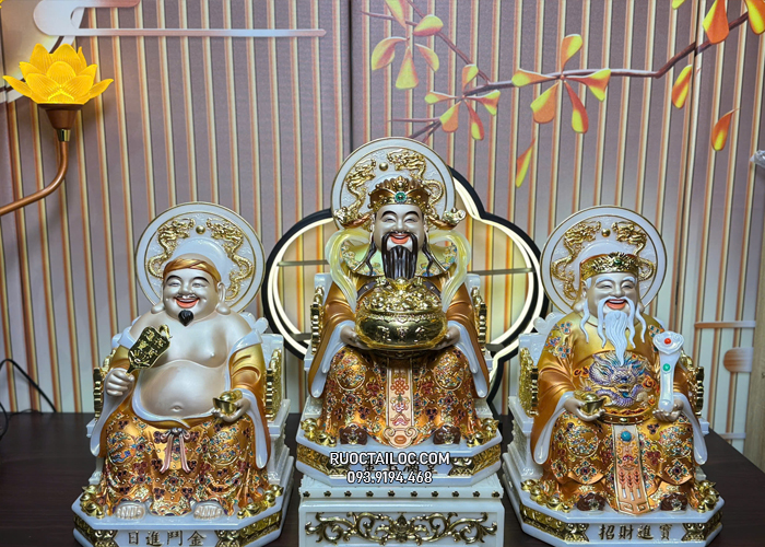 Bộ 3 ông địa thần tài thần tiền bằng bột đá áo gấm hào quang đẹp