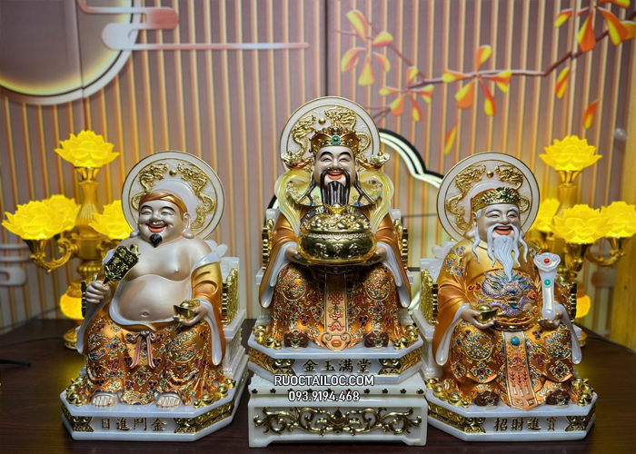 Bộ 3 ông địa thần tài thần tiền bằng bột đá áo gấm hào quang đẹp
