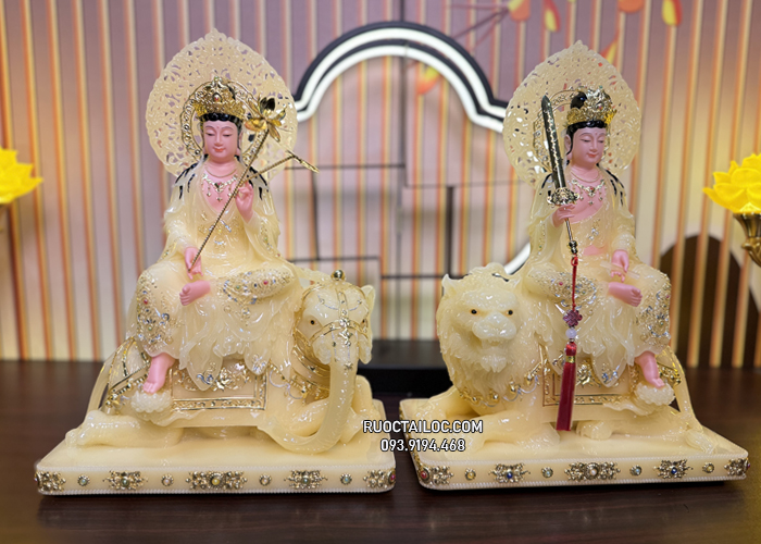 Tượng Bồ Tát Văn Thù Phổ Hiền Thạch Anh Có Hào Quang VTPH-009