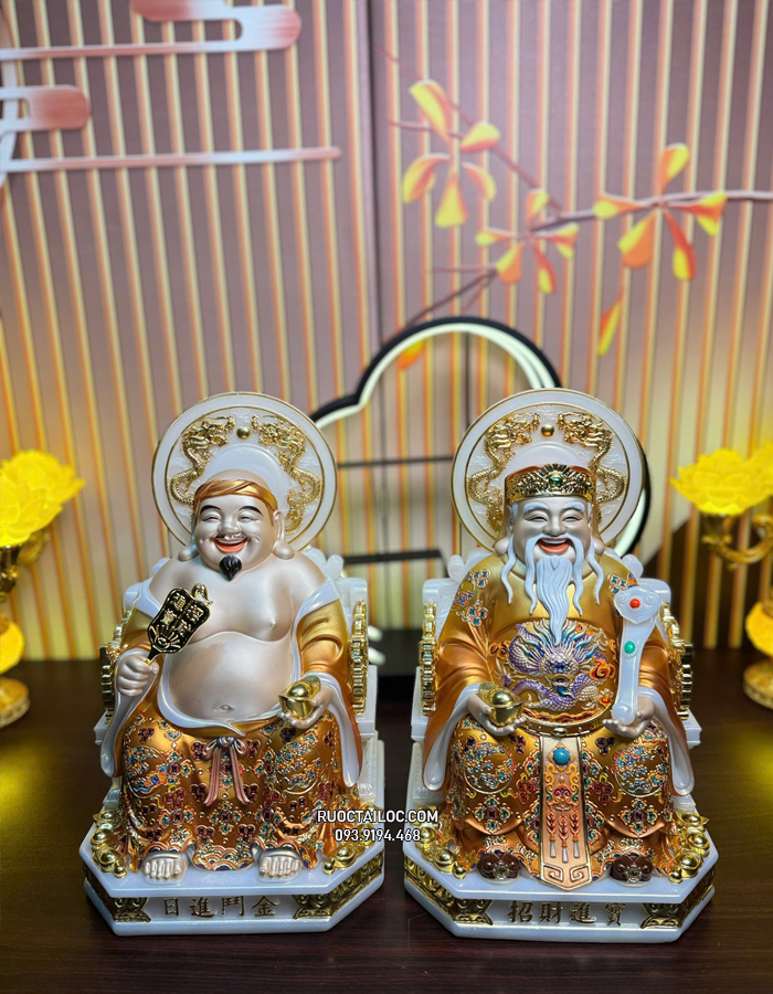 tượng Ông Địa Thần Tài bằng bột đá áo gấm vàng có hào quang đẹp
