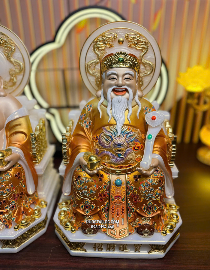 tượng Ông Địa Thần Tài bằng bột đá áo gấm vàng có hào quang đẹp