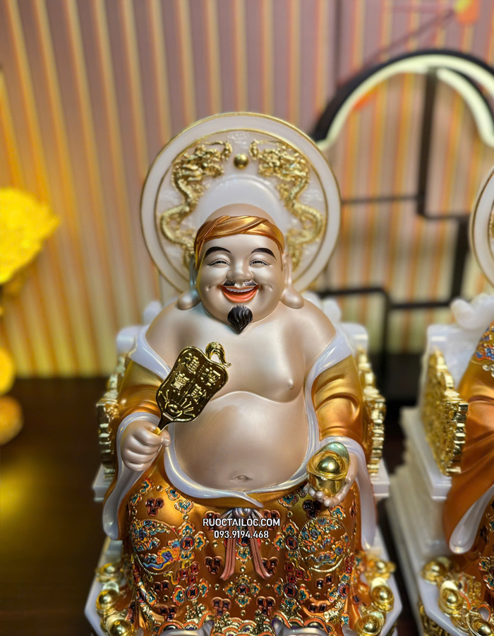 tượng Ông Địa Thần Tài bằng bột đá áo gấm vàng có hào quang đẹp