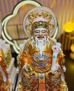 tượng Ông Địa Thần Tài bằng bột đá áo gấm vàng có hào quang đẹp