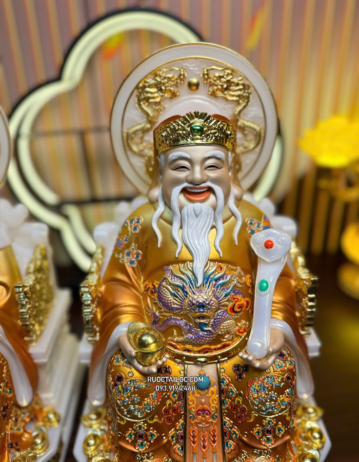tượng Ông Địa Thần Tài bằng bột đá áo gấm vàng có hào quang đẹp