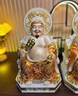 tượng Ông Địa Thần Tài bằng bột đá áo gấm vàng có hào quang đẹp