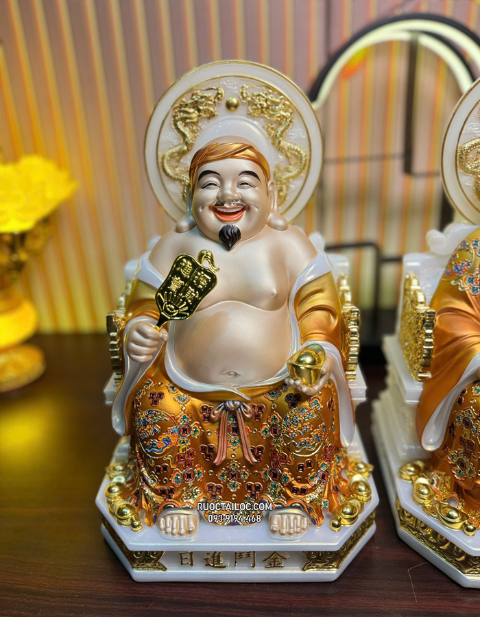 tượng Ông Địa Thần Tài bằng bột đá áo gấm vàng có hào quang đẹp