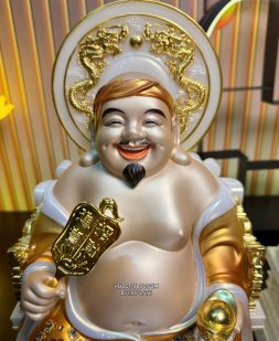 tượng Ông Địa Thần Tài bằng bột đá áo gấm vàng có hào quang đẹp