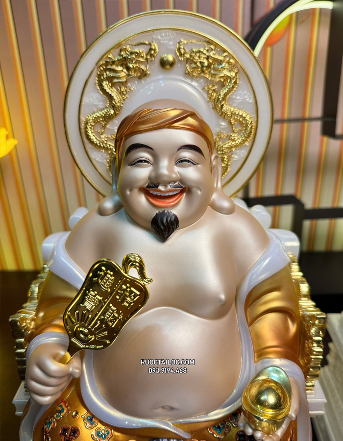 tượng Ông Địa Thần Tài bằng bột đá áo gấm vàng có hào quang đẹp