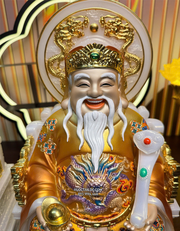 tượng Ông Địa Thần Tài bằng bột đá áo gấm vàng có hào quang đẹp