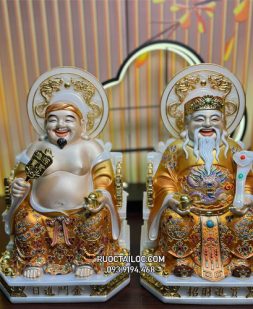 tượng Ông Địa Thần Tài bằng bột đá áo gấm vàng có hào quang đẹp
