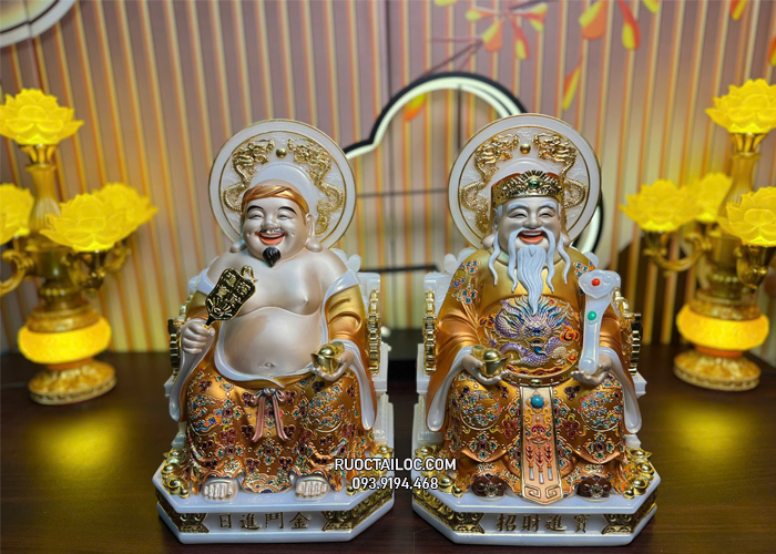 tượng Ông Địa Thần Tài bằng bột đá áo gấm vàng có hào quang đẹp