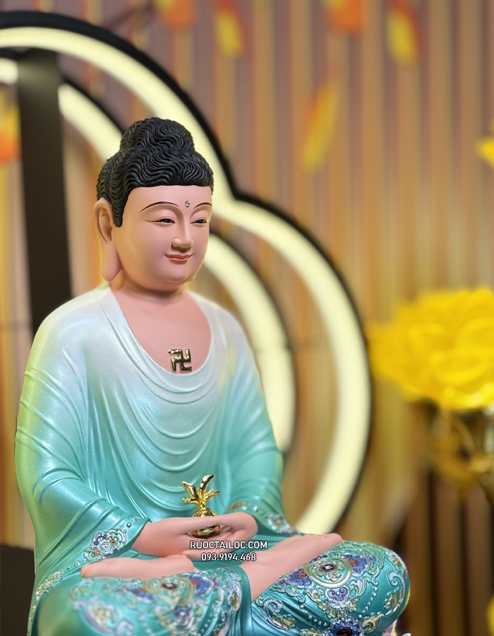 Tượng Phật Dược Sư Xanh Đế Sen Composite