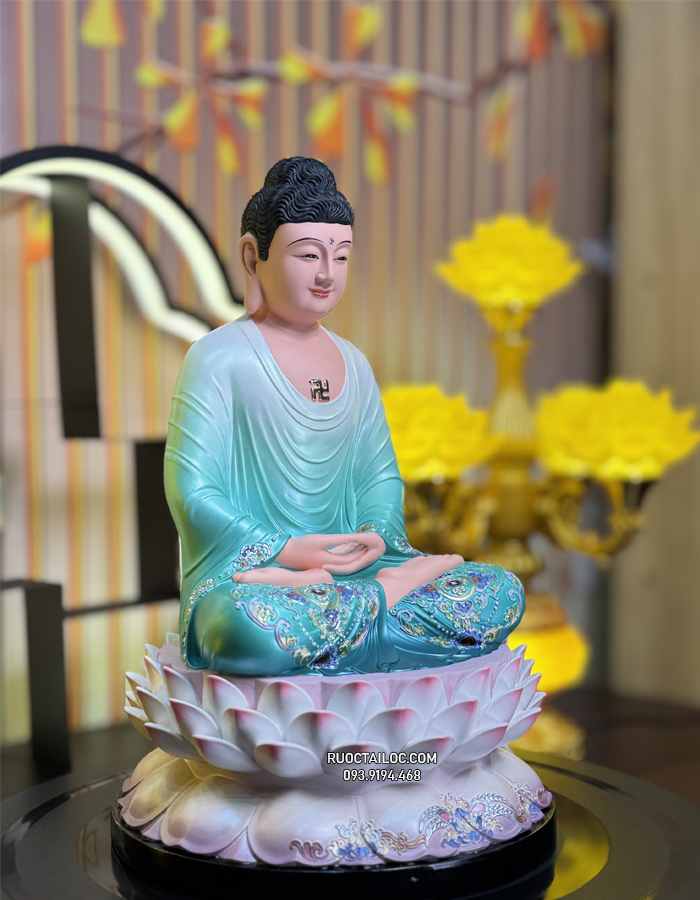 Tượng Phật Dược Sư Xanh Đế Sen Composite