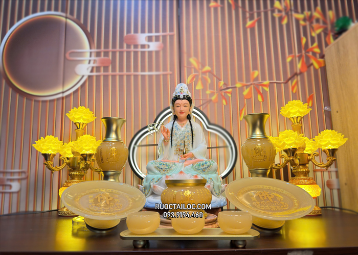 Tượng Quan Âm Xanh Viền Vàng Đế Mây Sóng Nước đẹp
