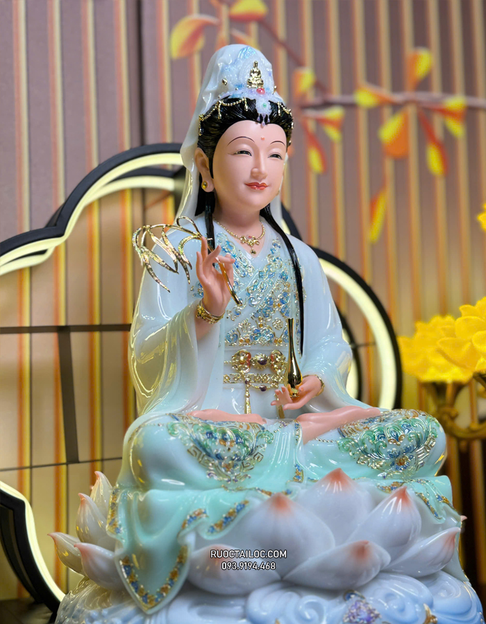 Tượng Quan Âm Xanh Viền Vàng Đế Mây Sóng Nước đẹp