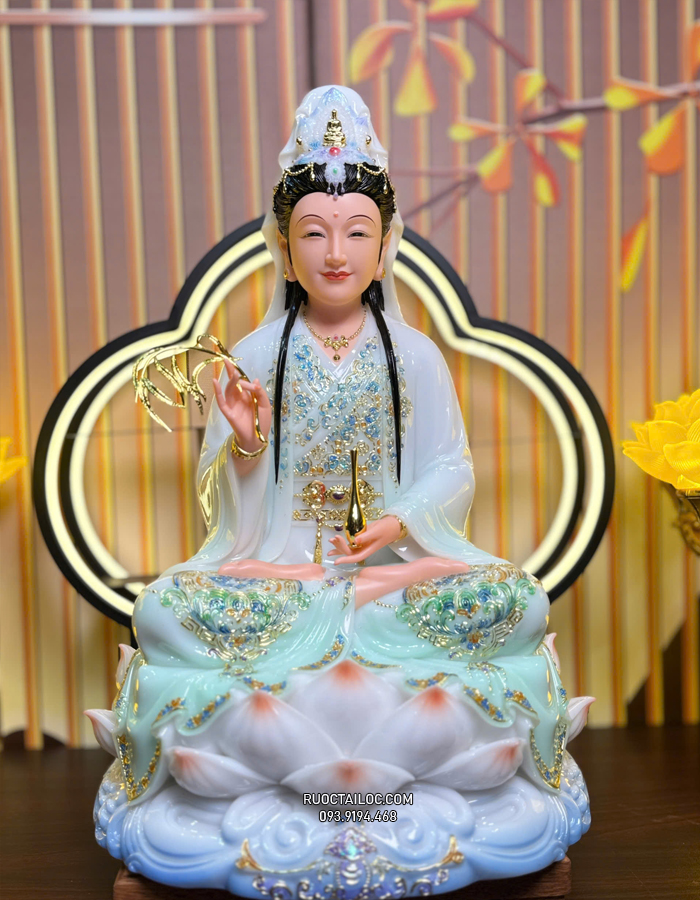 Tượng Quan Âm Xanh Viền Vàng Đế Mây Sóng Nước đẹp