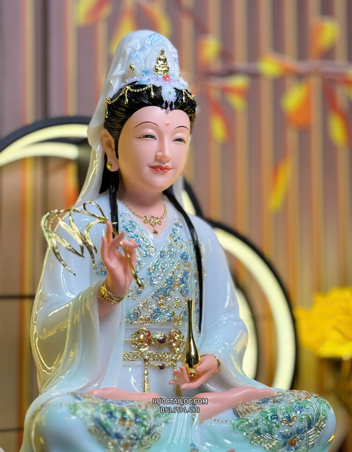 Tượng Quan Âm Xanh Viền Vàng Đế Mây Sóng Nước đẹp