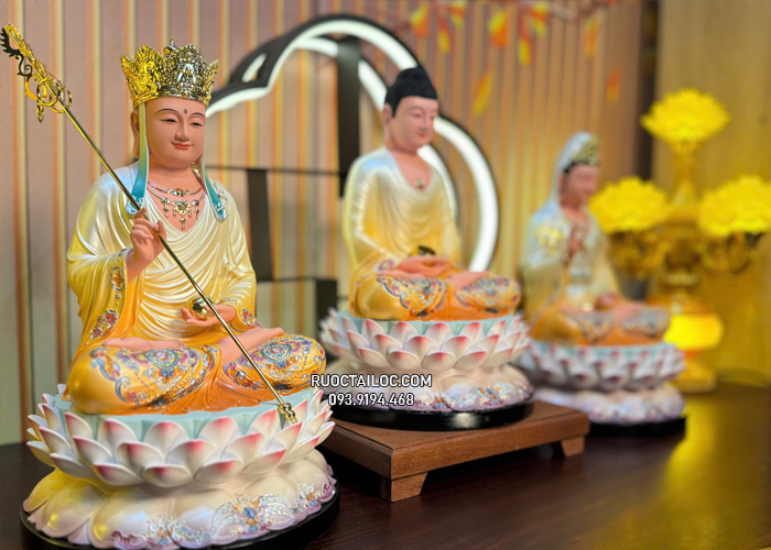 tôn tượng ta bà tam thánh bằng composite vẽ gấm vàng sen nở đẹp