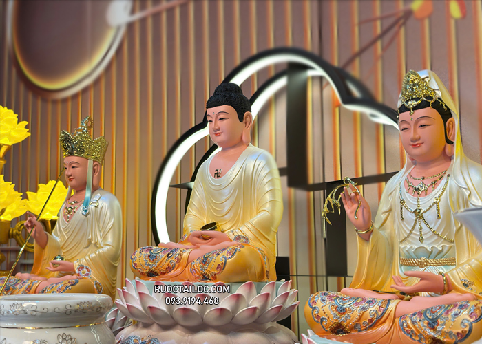 tôn tượng ta bà tam thánh bằng composite vẽ gấm vàng sen nở đẹp