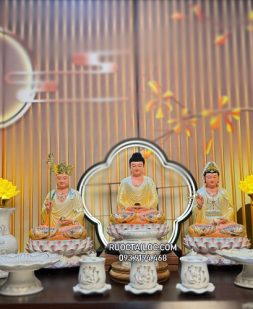 tôn tượng ta bà tam thánh bằng composite vẽ gấm vàng sen nở đẹp