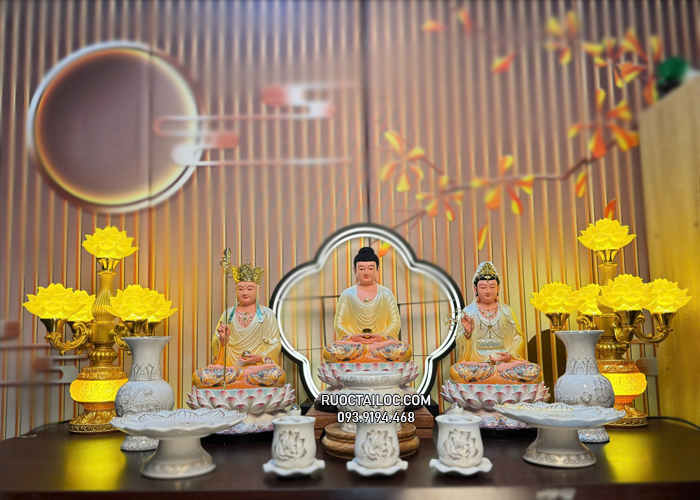 tôn tượng ta bà tam thánh bằng composite vẽ gấm vàng sen nở đẹp