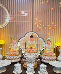 tôn tượng ta bà tam thánh bằng composite vẽ gấm vàng sen nở đẹp