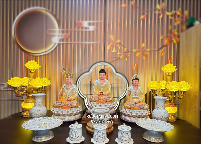 tôn tượng ta bà tam thánh bằng composite vẽ gấm vàng sen nở đẹp