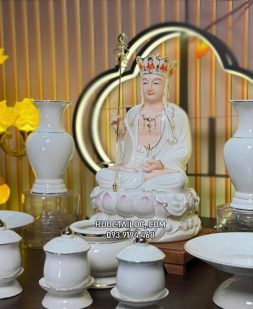 Tượng Địa Tạng Bồ Tát bằng sứ trắng sen hồng đẹp