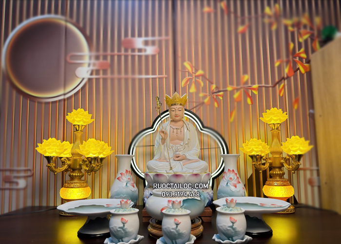 Tượng Địa Tạng Bồ Tát bằng sứ đế sen xanh đẹp