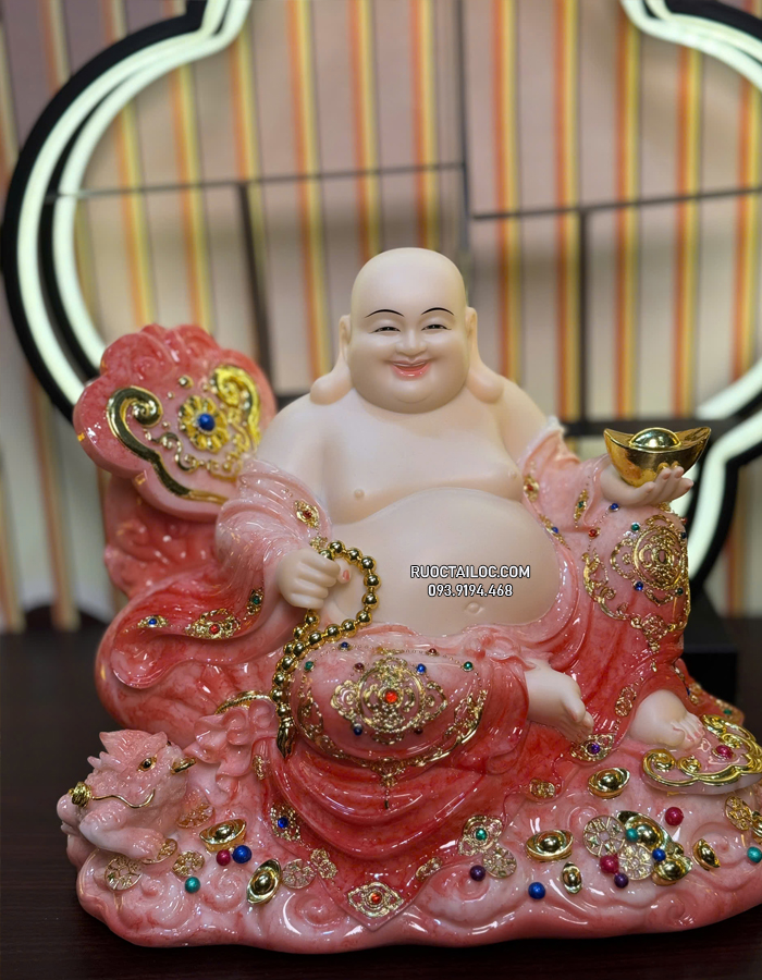 Tượng Phật Di Lặc màu cẩm thạch vân đá đỏ đẹp DLBT-064