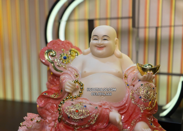 Tượng Phật Di Lặc màu cẩm thạch vân đá đỏ đẹp DLBT-064