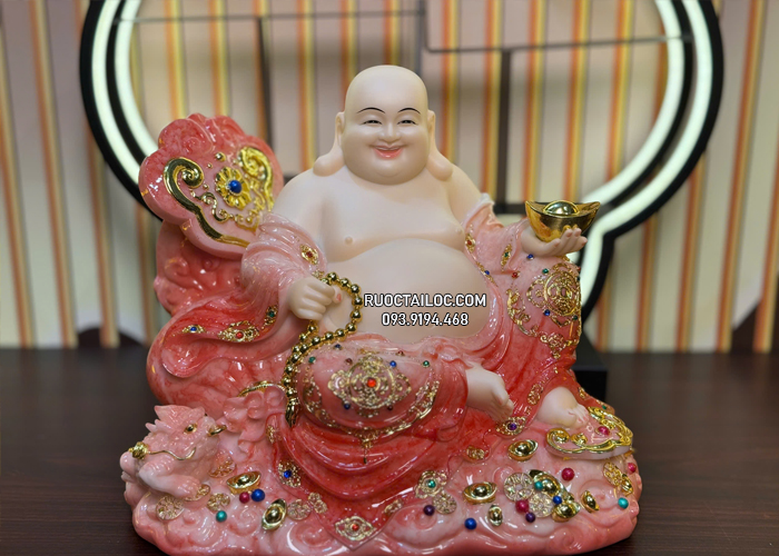 Tượng Phật Di Lặc màu cẩm thạch vân đá đỏ đẹp DLBT-064