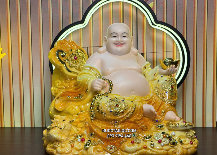Tượng Phật Di Lặc Màu Cẩm Thạch Vân Vàng đẹp DLBT-063