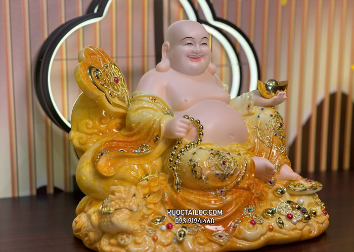 Tượng Phật Di Lặc Màu Cẩm Thạch Vân Vàng đẹp DLBT-063