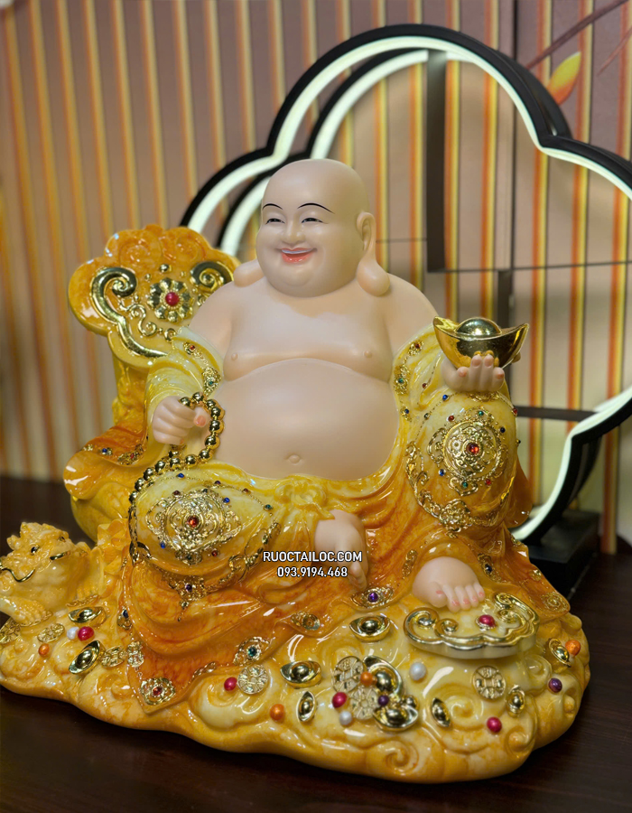Tượng Phật Di Lặc Màu Cẩm Thạch Vân Vàng đẹp DLBT-063