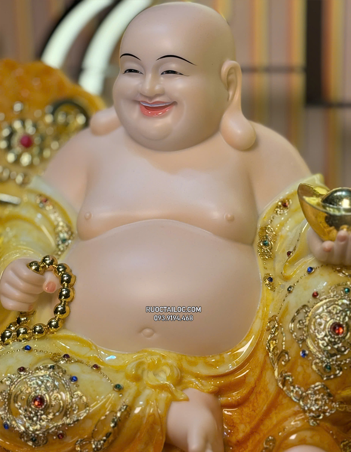 Tượng Phật Di Lặc Màu Cẩm Thạch Vân Vàng đẹp DLBT-063