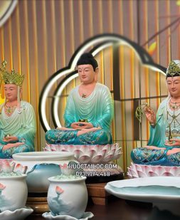 tôn tượng ta bà tam thánh composite sen nở xanh đẹp