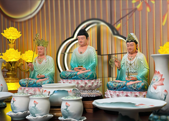 tôn tượng ta bà tam thánh composite sen nở xanh đẹp