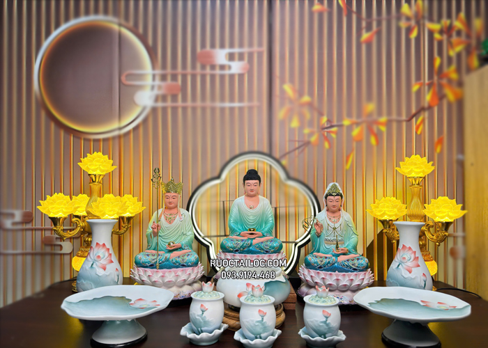 tôn tượng ta bà tam thánh composite sen nở xanh đẹp